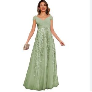 Green floral appliqué mesh‎ corset back sz 12 long formal gown special occasion